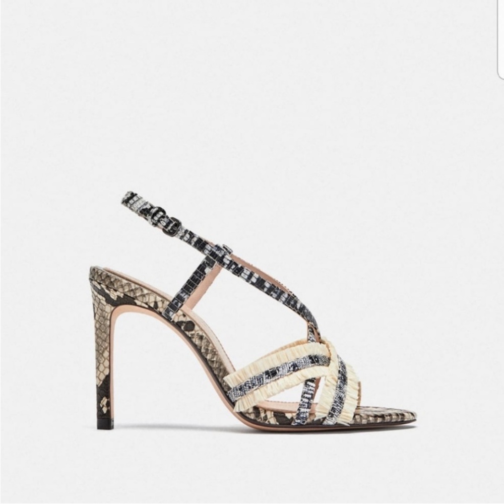 Zara Snakeskin Strappy Heels - Cream and Black - Picture 3 of 15